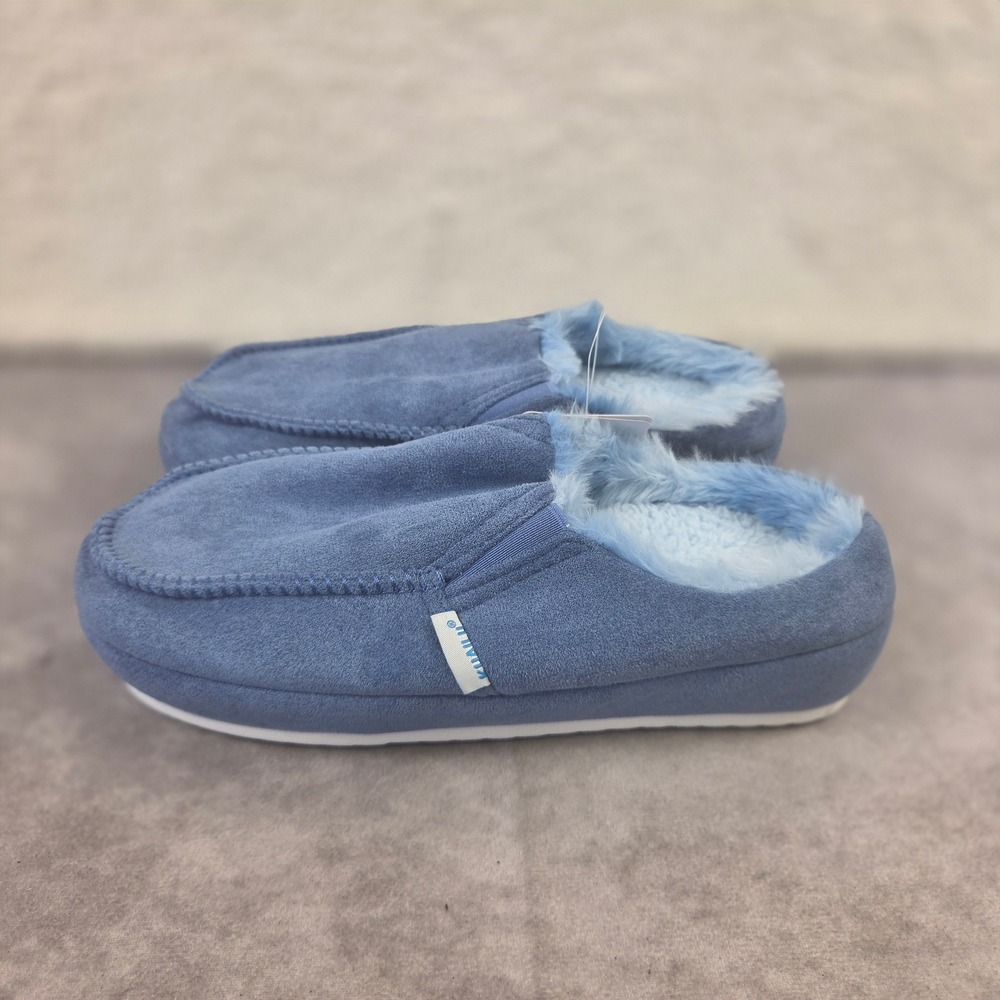 KUAILU Mens Moccasin Slippers Blue Faux Suede Fur Lined House Shoes Size 7 S2023